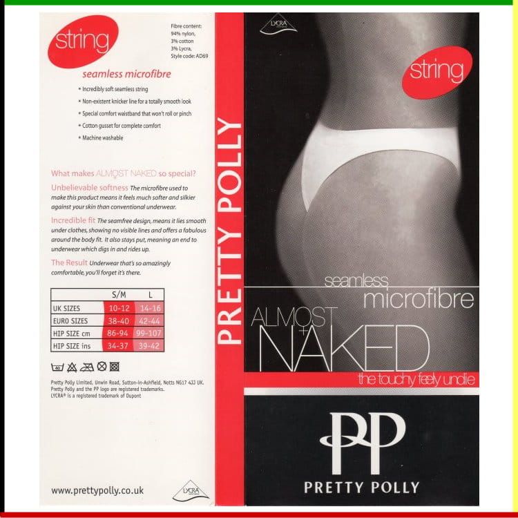 Verpakking voor Pretty Polly stringondergoed; wit met tekst en afbeelding van een persoon.