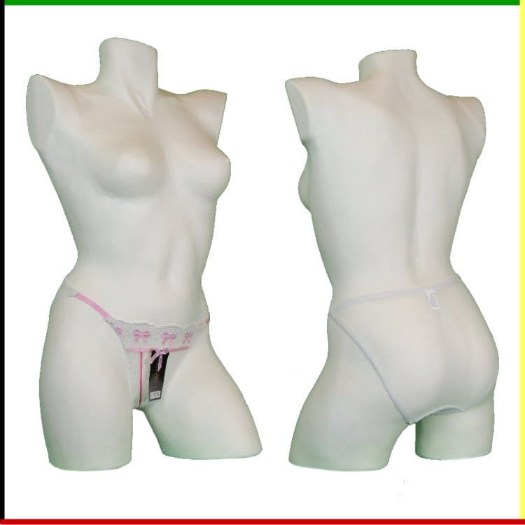 Mannequin torso met roze en witte lingerie; voor- en achterkant.