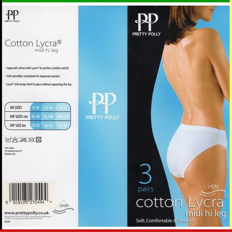 Verpakking voor Pretty Polly Cotton Lycra midi hi leg slipjes, met een model in wit ondergoed.