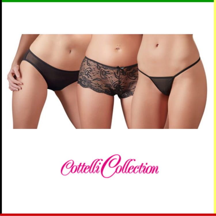Doos met lingerieset. Twee vrouwen gedeeltelijk naakt, de set bestaat uit een short en een string.