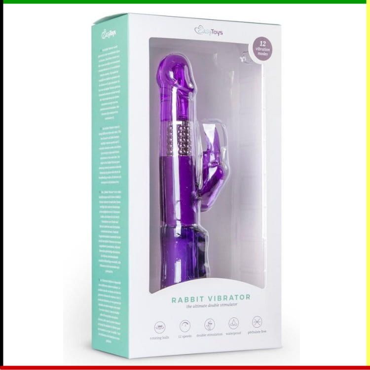 Paarse konijnenvibrator in een witte doos met tekst, productverpakking.