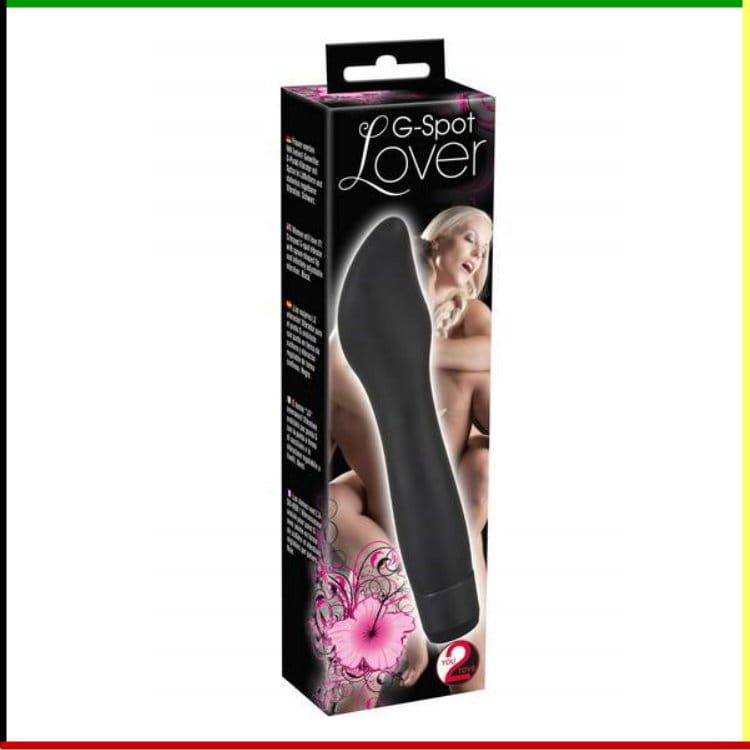 Doos voor een zwarte G-spot massager met een vrouw erop en roze bloemen.