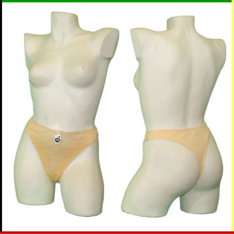 Vrouwenlichaamsmodel met beige string, voor- en achterkant.