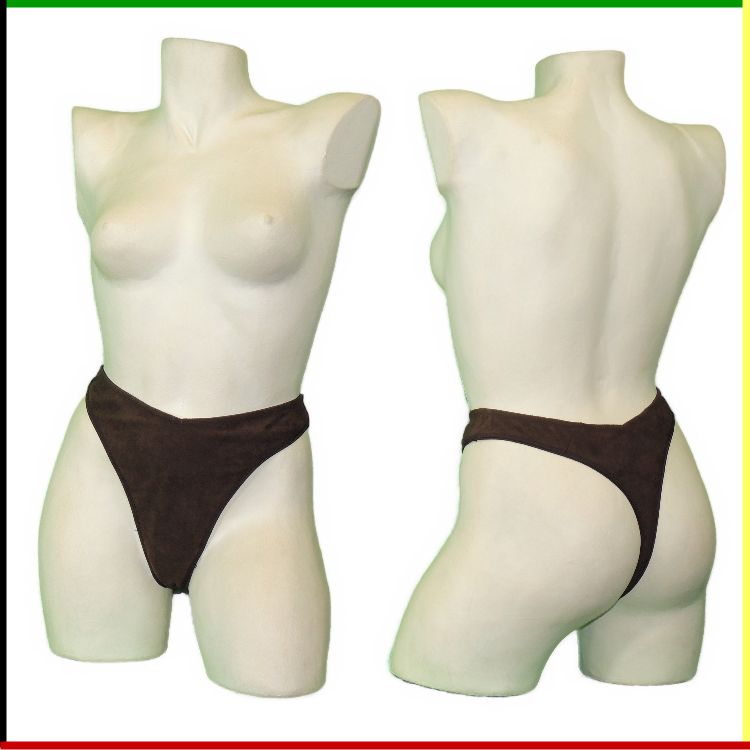 Twee witte mannequins, voor- en achterkant, met bruine stringonderbroeken aan.