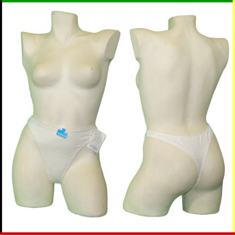 Vrouwenlichaamsmodel met witte onderkleding; voor- en achterkant.