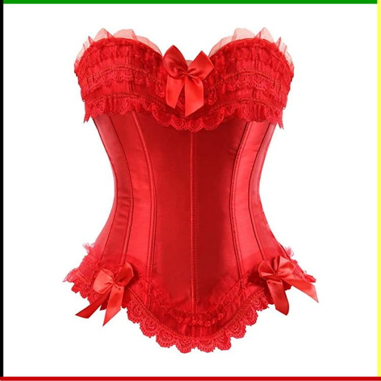 Rood korset en bijpassende tutu-rok, beide met decoratieve strikken en kanten afwerking.
