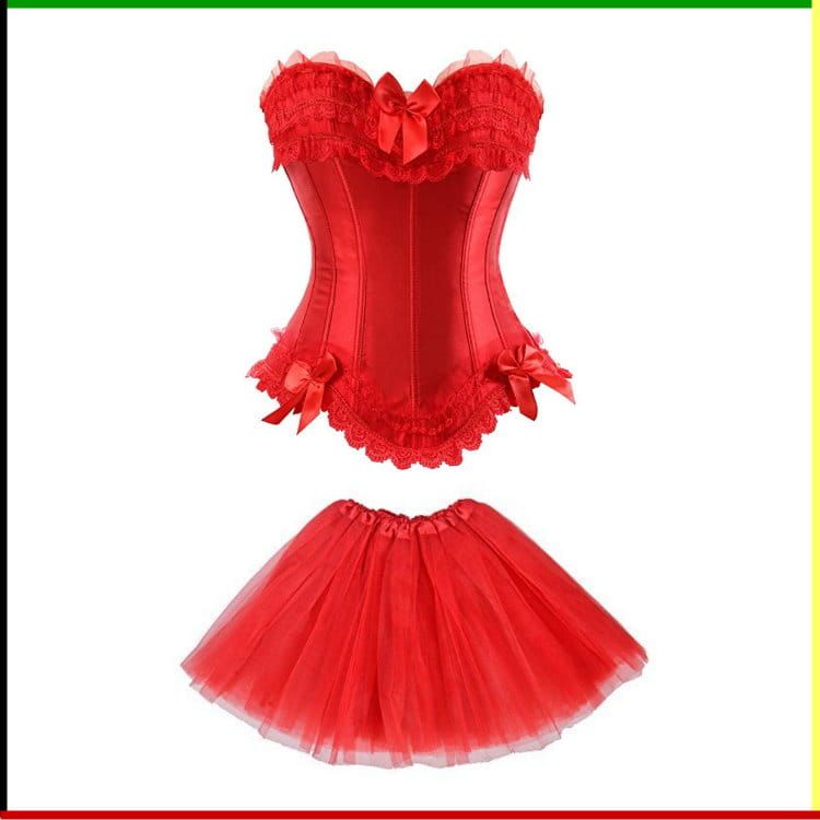 Rood korset en bijpassende tutu-rok, beide met decoratieve strikken en kanten afwerking.