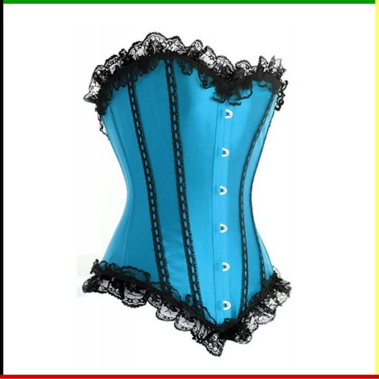 Turquoise korset met zwarte kanten afwerking en verticale strepen, witte knopen, schuin geplaatst.
