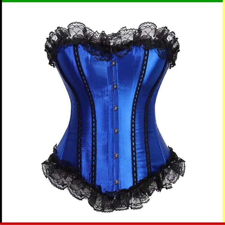 Blauw satijnen korset met zwarte kanten afwerking en knoopsluiting.