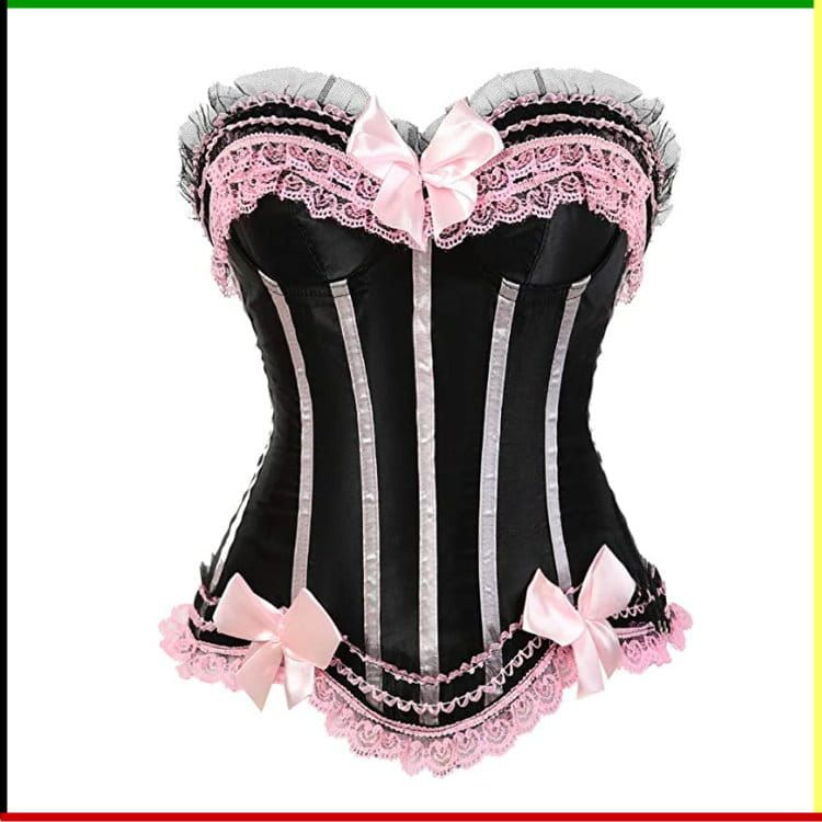 Zwart en roze korset met strikjes en kanten afwerking.