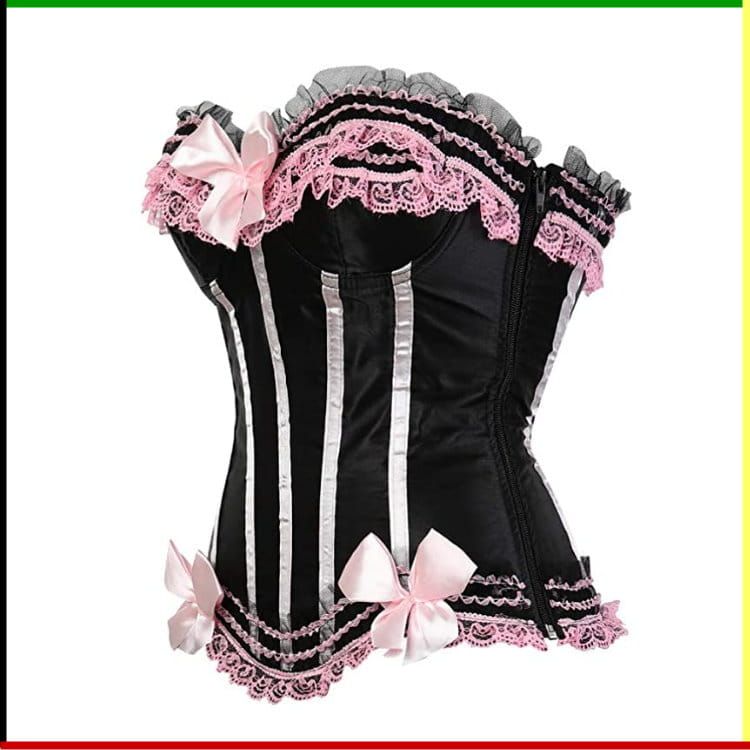 Zwart en roze korset met strikjes en kanten afwerking.