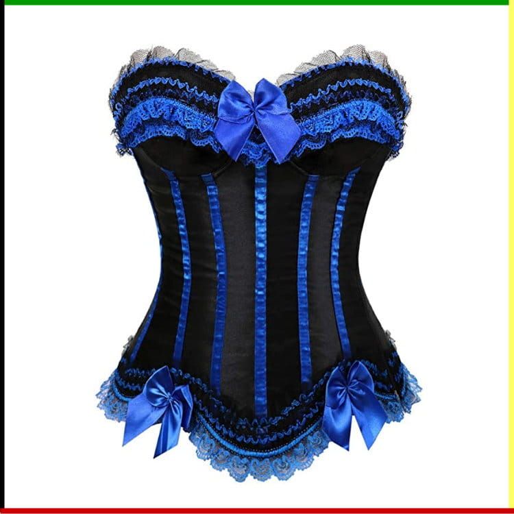 Zwart-blauw korset met strikjes en kanten afwerking.