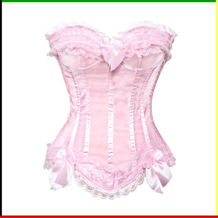 Roze korset met kanten afwerking en lintaccenten.