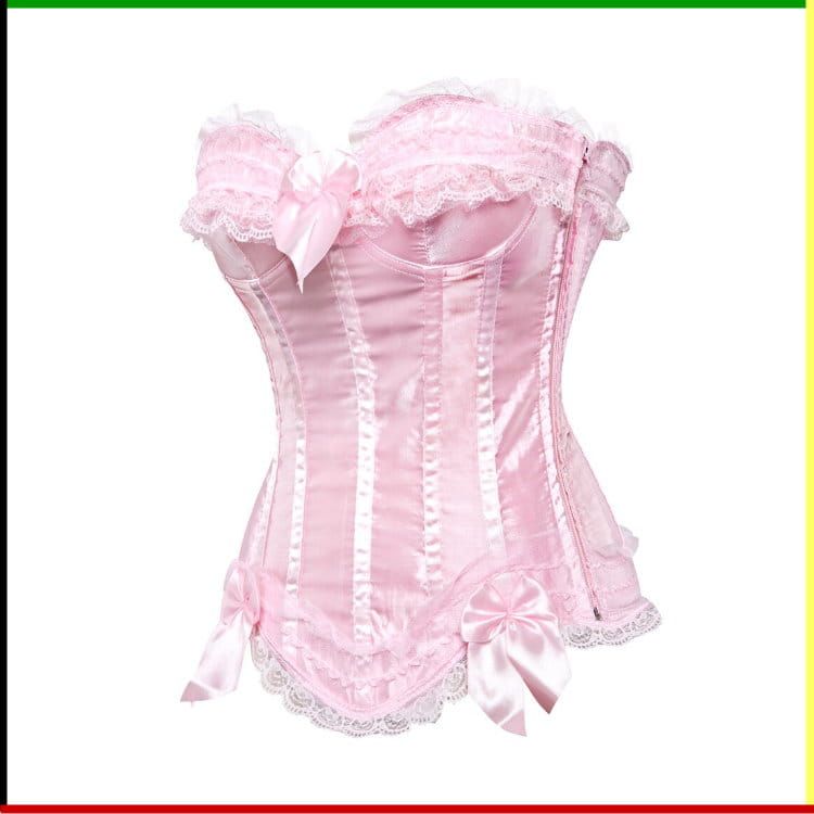 Roze korset met kanten afwerking en lintaccenten.