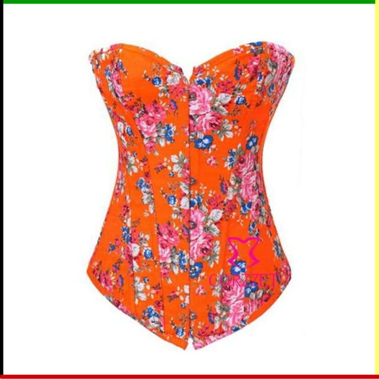 Oranje korset met bloemenprint en sluiting aan de voorkant.