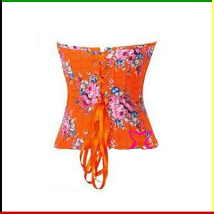 Oranje korset met bloemenprint en sluiting aan de voorkant.