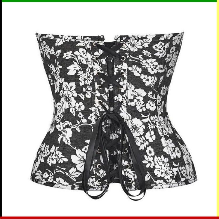 Bustiertop met bloemenprint in zwart-wit.