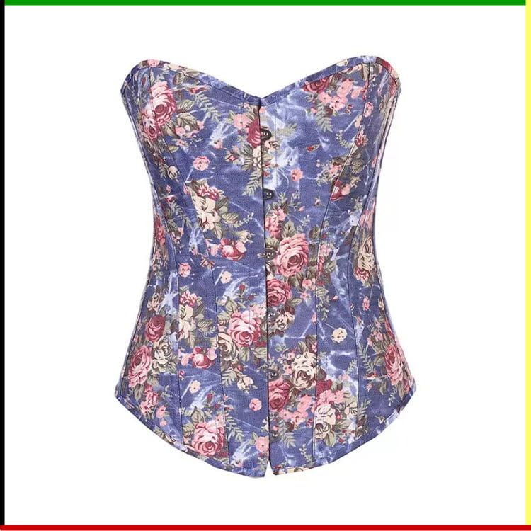 Blauw korset met bloemenprint en knoopsluiting aan de voorkant.