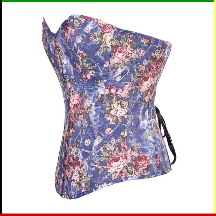Blauw korset met bloemenprint en knoopsluiting aan de voorkant.