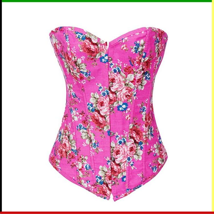 Roze korset met bloemenprint en een subtiele sweetheart-halslijn.