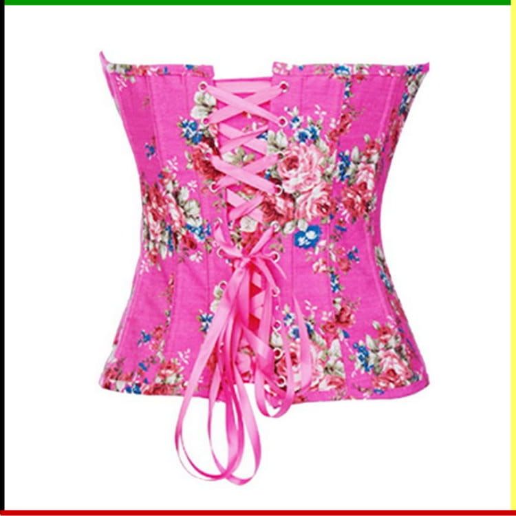 Roze korset met bloemenprint en een subtiele sweetheart-halslijn.