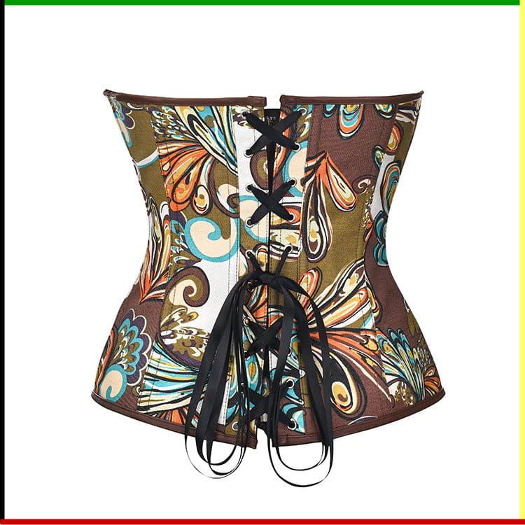 Bruin, strapless korset met bloemen- en krulmotieven.
