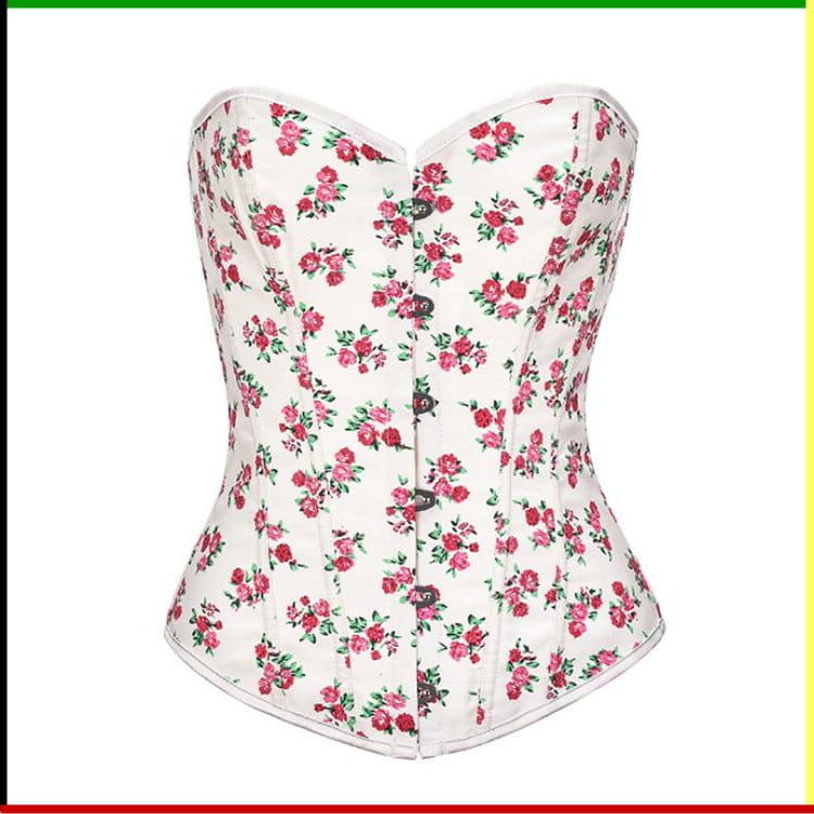 Witte corset met bloemenprint, versierd met roze rozen en groene bladeren.