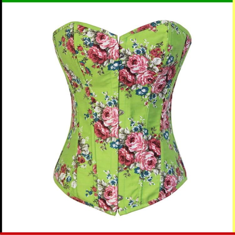 Groen korset met bloemenprint, versierd met roze en rode rozen.