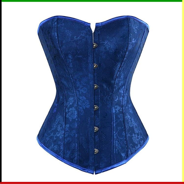 Een donkerblauw strapless korset en bijpassende string gedragen door een persoon tegen een witte achtergrond.