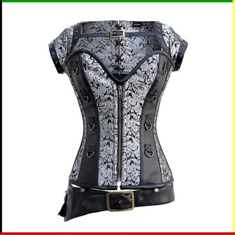 Een korset in steampunkstijl met zwarte leren accenten en zilverkleurig bloemenbrokaat, met gespen en een ritssluiting aan de voorkant.