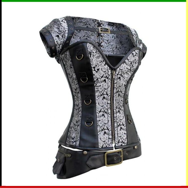 Een korset in steampunkstijl met zwarte leren accenten en zilverkleurig bloemenbrokaat, met gespen en een ritssluiting aan de voorkant.