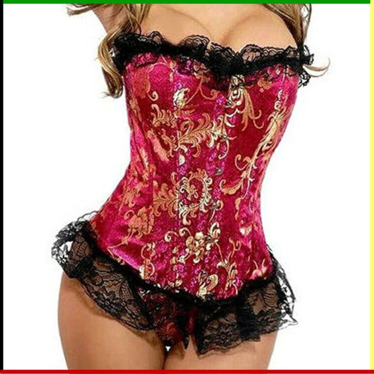 Rood en goudkleurig korset met bloemenprint en zwarte kanten afwerking.