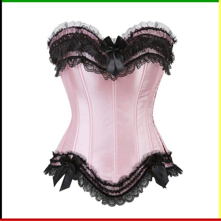 Roze en zwarte corset met kanten afwerking en strikjes.