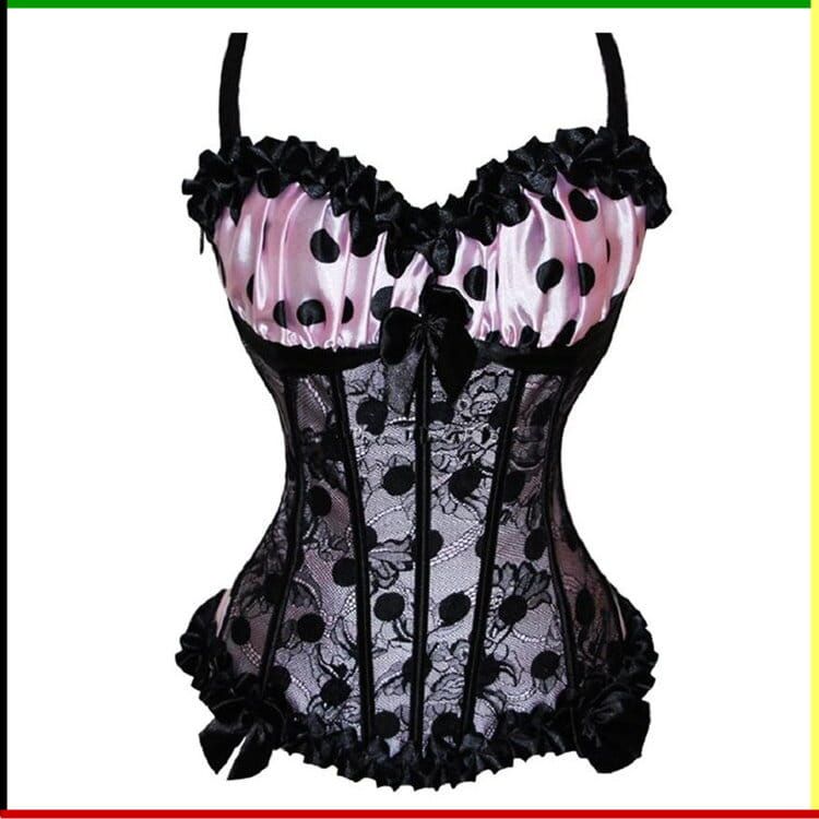 Roze en zwarte korset met stippen, kanten overlay, zwarte strikjes en ruches.