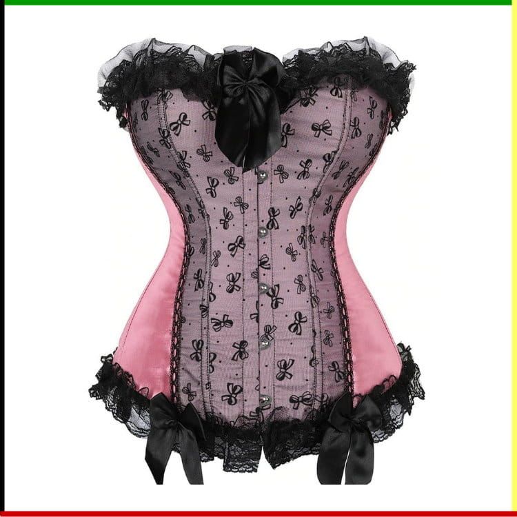 Roze en zwarte corset met kanten afwerking en strikjes.