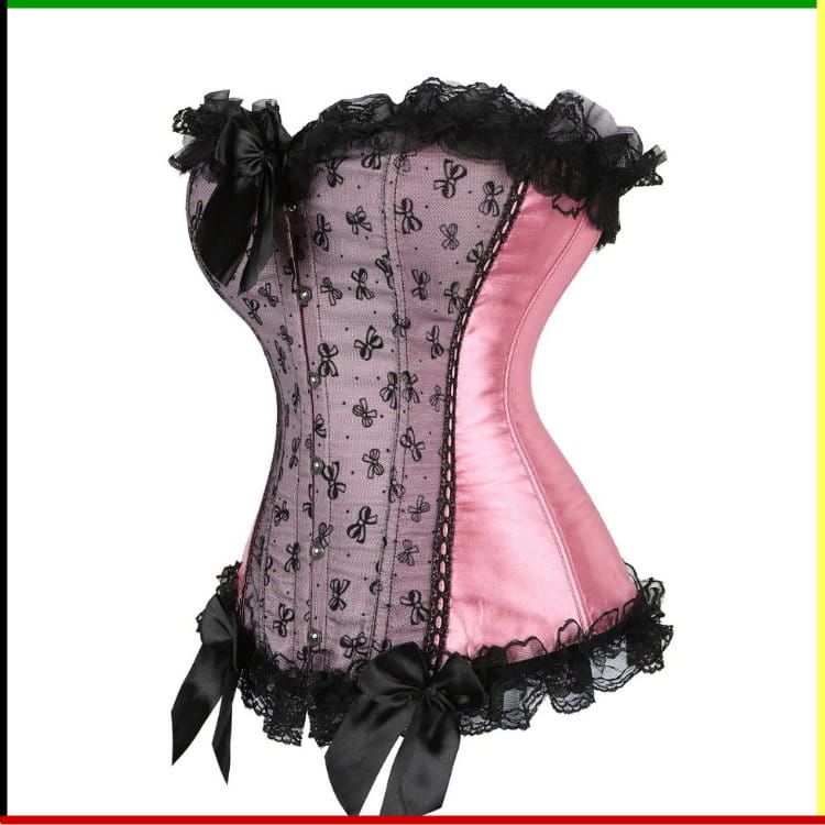 Roze en zwarte corset met kanten afwerking en strikjes.