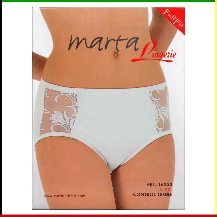 Witte lingerie met hoge taille en kanten panelen met bloemenmotief. Met het logo van 