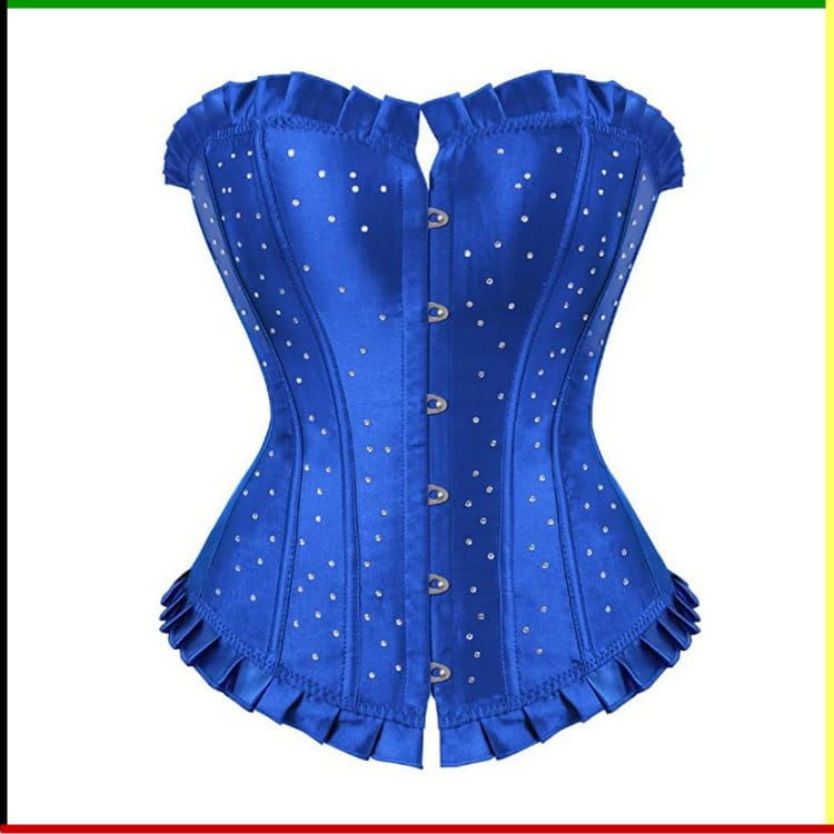 Blauw korset met zilveren studs en ruches.