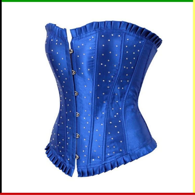 Blauw korset met zilveren studs en ruches.