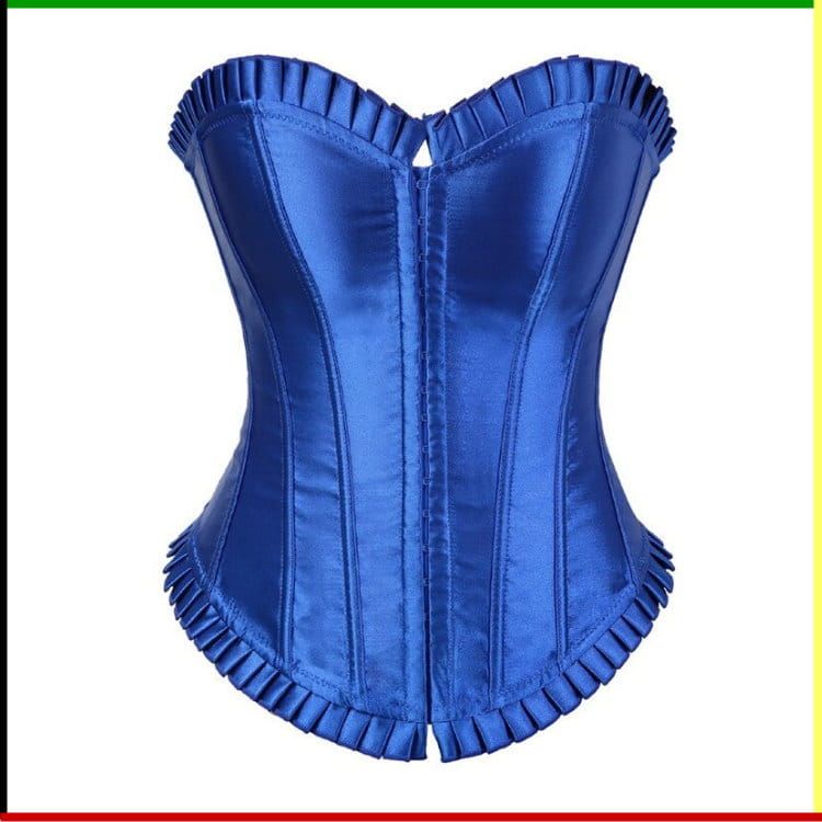 Blauw satijnen korset met ruches en verticale naden.