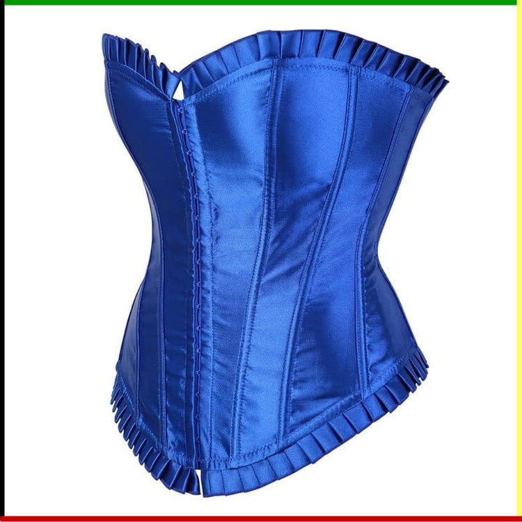 Blauw satijnen korset met ruches en verticale naden.