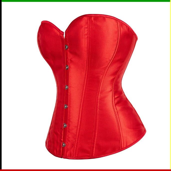 Rood satijnen korset met een sweetheart-halslijn en zilverkleurige knoopsluitingen.