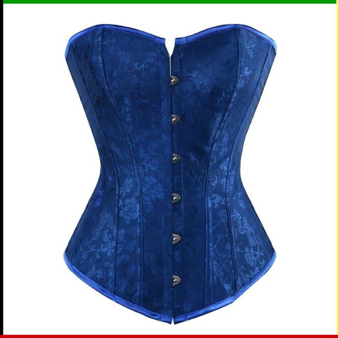 Blauw korset met bloemenprint, een lichte ronding, knoopsluiting en blauwe bies.
