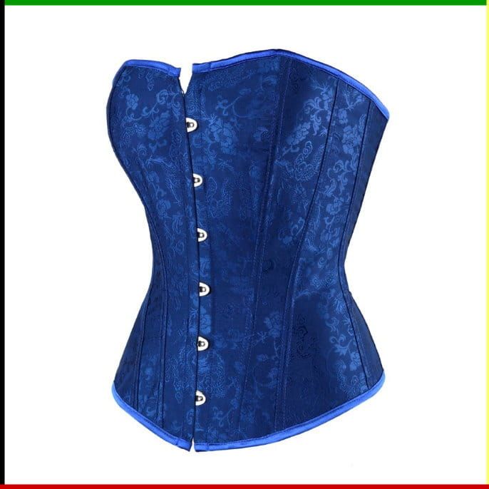 Blauw korset met bloemenprint, een lichte ronding, knoopsluiting en blauwe bies.