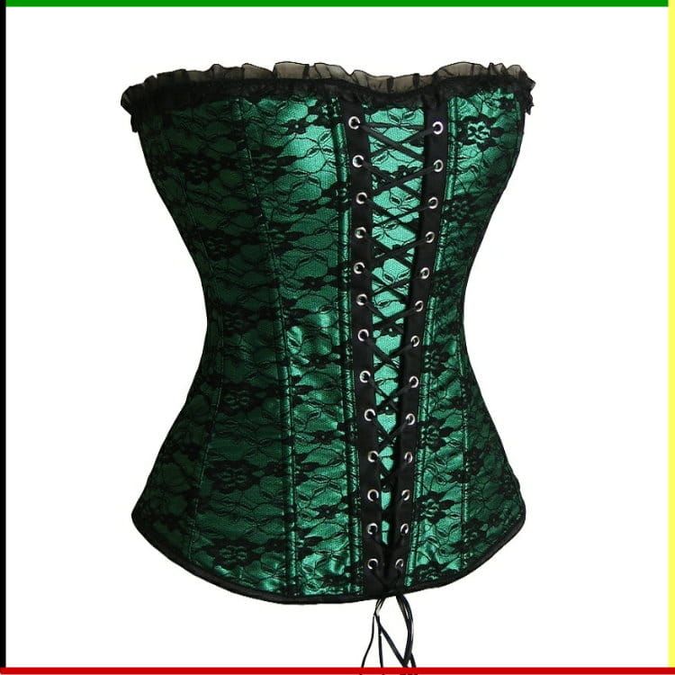 Groen en zwart kanten korset met zwarte lintveters, afgewerkt met zwart kant aan de bovenkant.