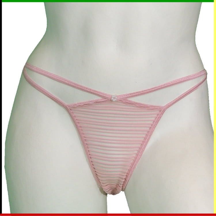 Een torso van een mannequin, van voren en van achteren gezien, met een roze gestreepte string aan.
