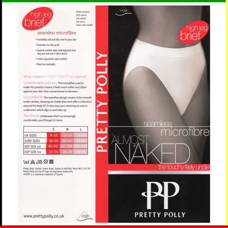 Verpakking voor de "Pretty Polly" hooggesneden slip, met een afbeelding van een vrouw in wit ondergoed en productdetails.