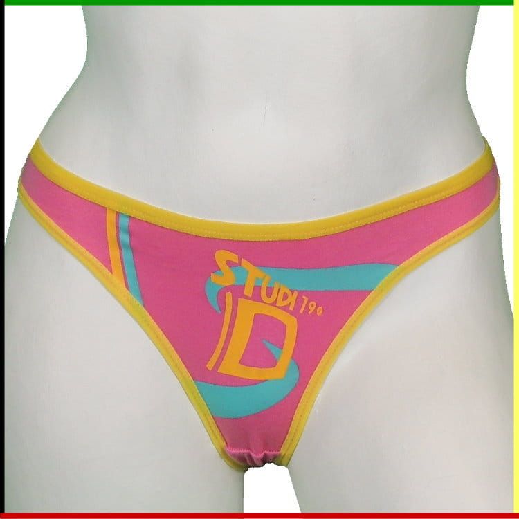 Witte mannequin torso met roze en gele bikinionderkleding, voor- en zijaanzicht.