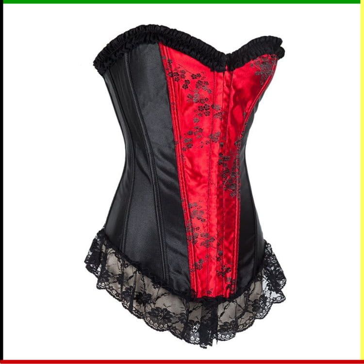 Zwart-rood korset met kanten afwerking.
