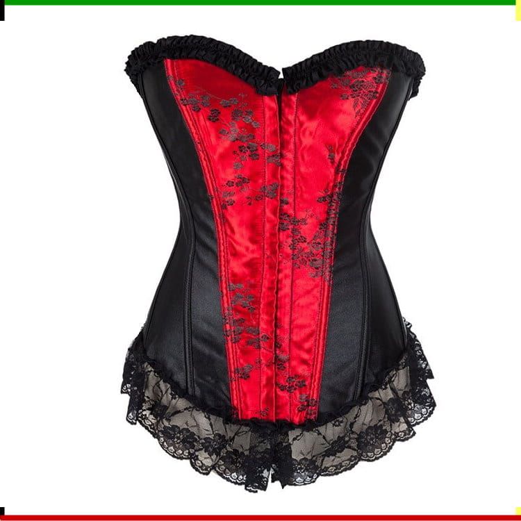 Zwart-rood korset met kanten afwerking.